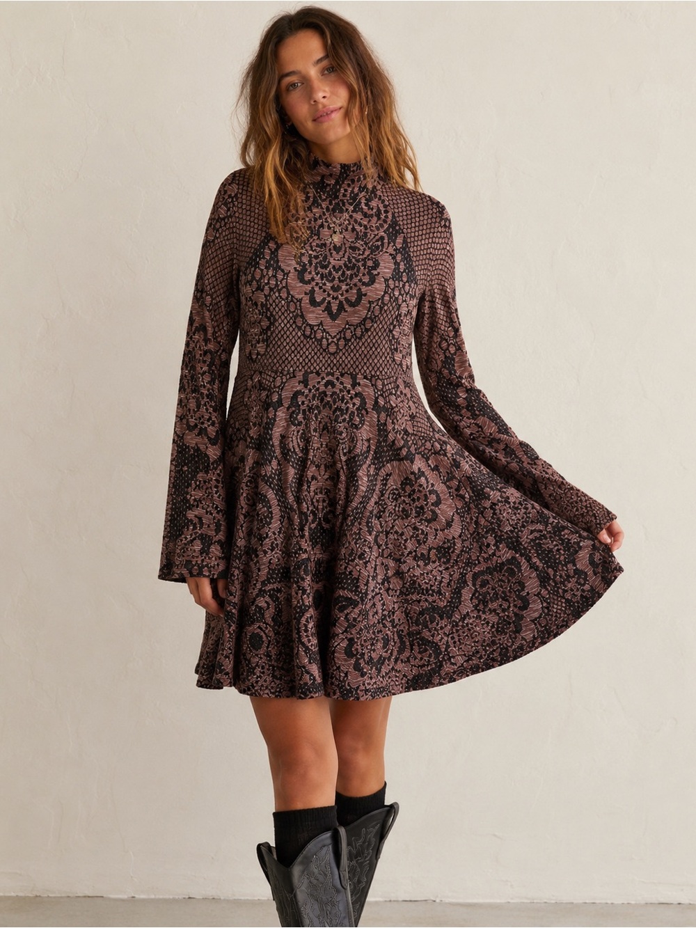 Free People Floral Print Long Sleeve High Neck Flared Dress